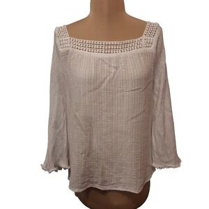 Maven West White Textured Square Neck Pom Pom Crochet Bell Sleeve Blouse Small